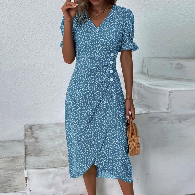 

Винтажные офисные тонкие платья в стиле бохо. Элегантное вечернее платье с пышными рукавами и цветочным принтом. Женское платье трапециевидной формы с v-образным вырезом и пуговицами. XXXL