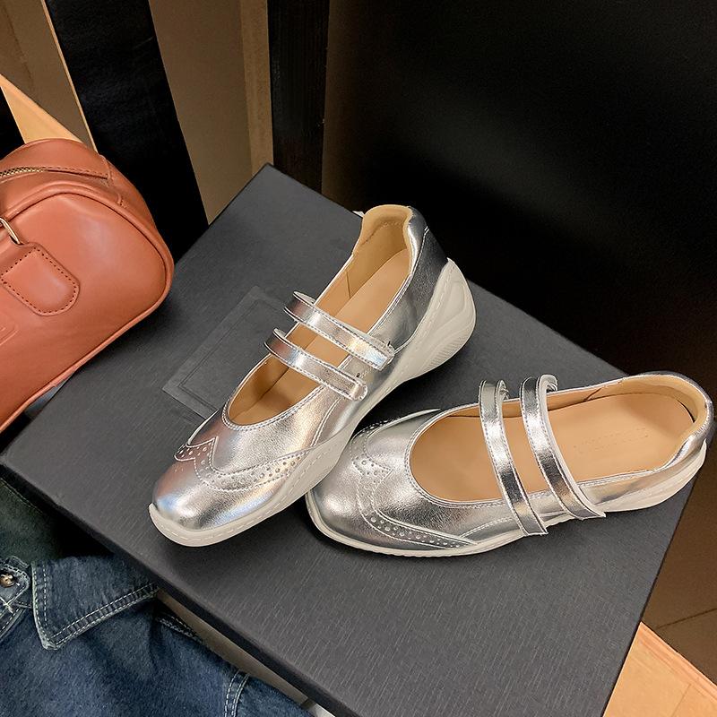 Square head niche design sports style ballet shoes women's new silver double belt thick sole light mouth Mary Jane women's shoes