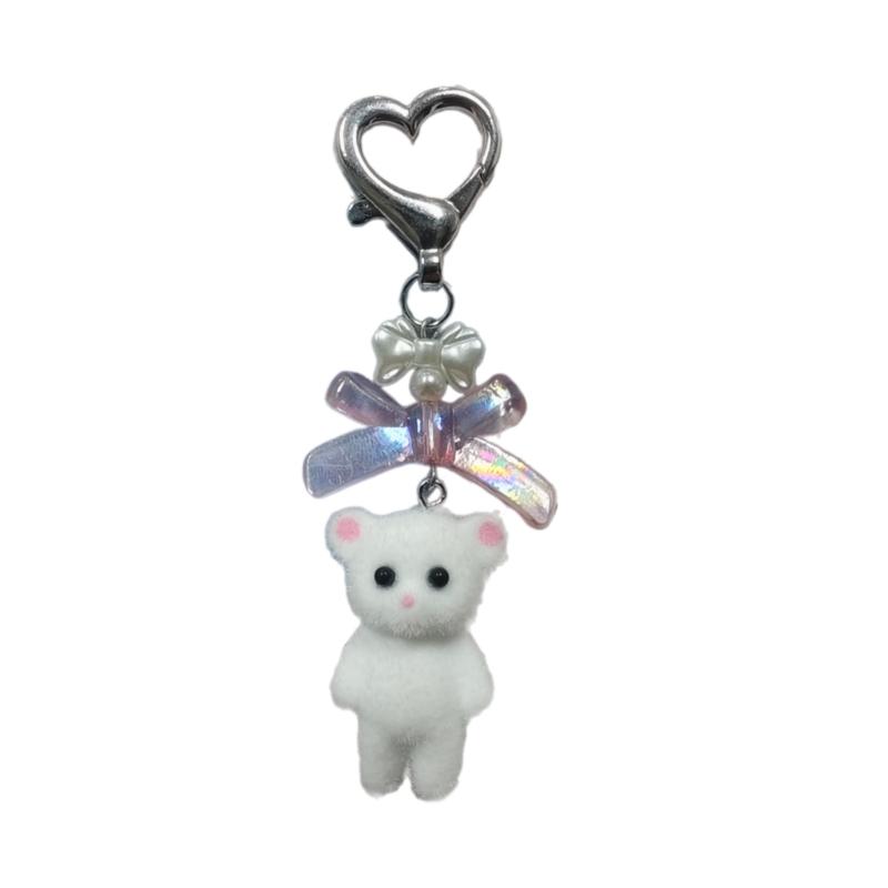 Cute fuzzy kitty cat heart bow keychain Plush Bear kitten doll kawaii bow pearl heart Keyring Backpack Bag Pendant for Women