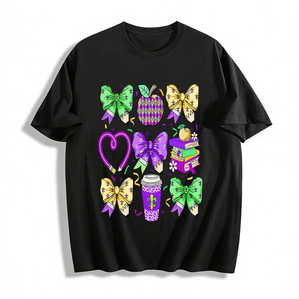 Mardi Gras Bow Pencil Print Top Festive Casual Tee Pure cotton T-shirt XXS