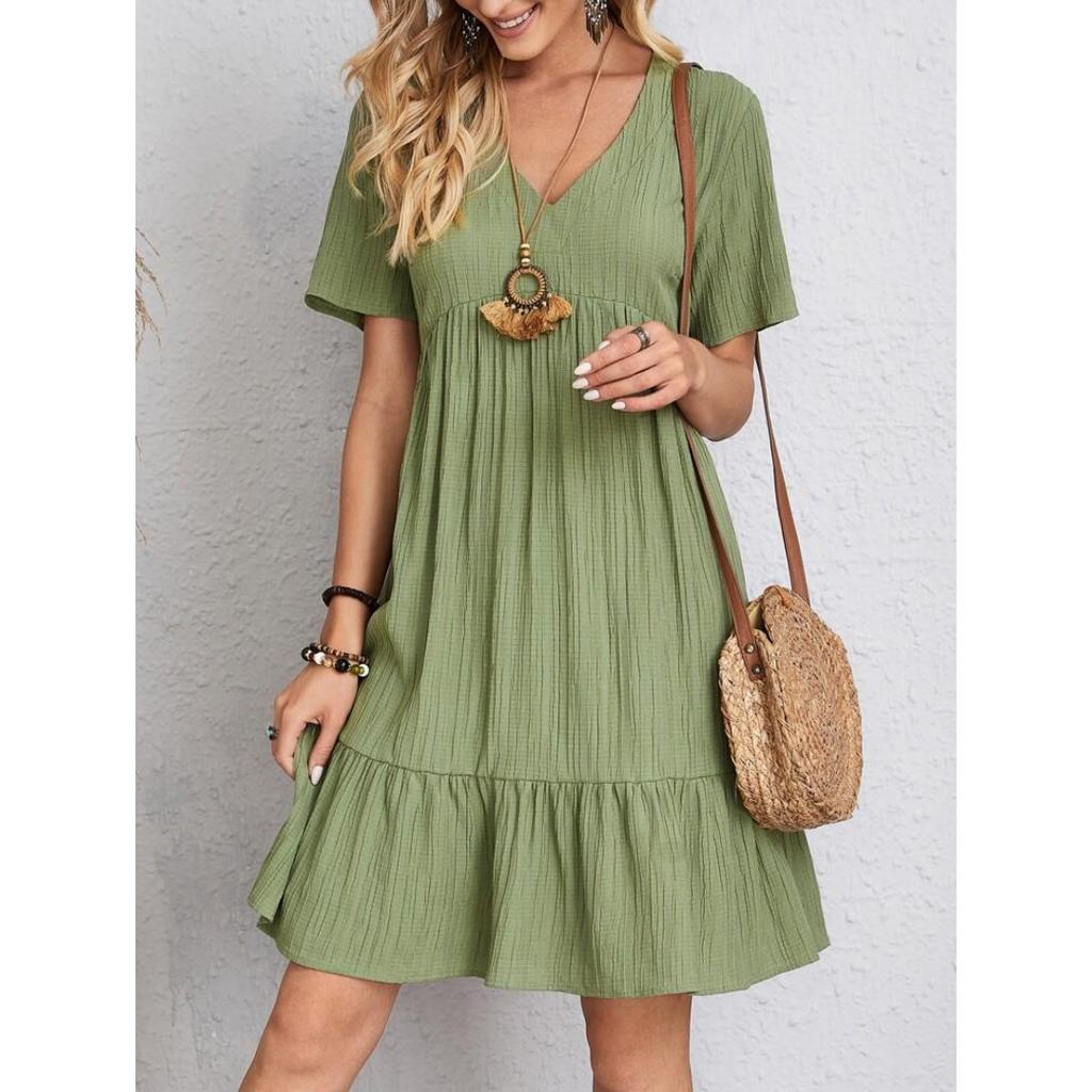 Women Vintage Mini Dresses Summer Solid Casual V Neck Ruffles Dress Ladies Boho Loose Beach Party Elegant Dresses