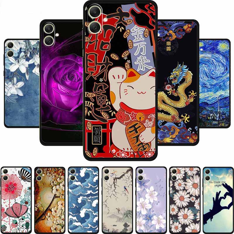 3D Emboss Case For Samsung Galaxy A06 M06 F06 A05 M05 F05 Phone Case A 06 M 05 Flower Black Silicone Soft Back Cover Coque Funda