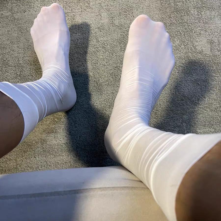 Men's Summer Nylon Glossy Black Formal Socks - Mid-Calf, Lightweight, Reflective Finish
