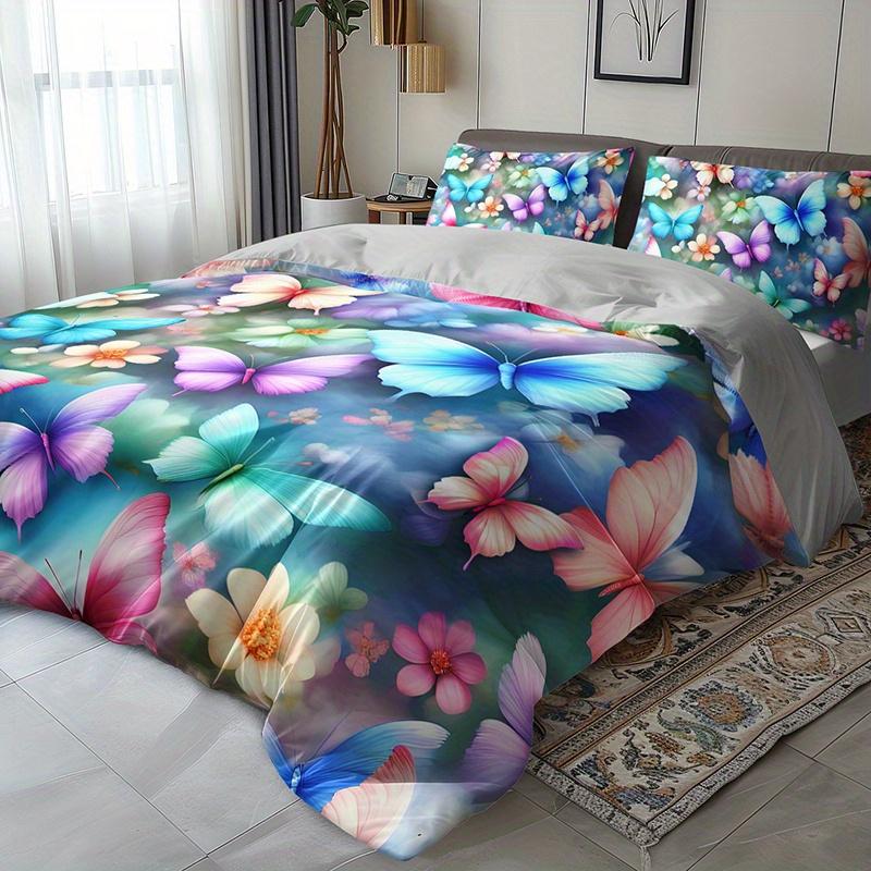 3Pcs Colorful Butterfly Floral Bedding Duvet Cover Set Butterfly Garden Bedding Quilt Set Butterfly Themed Spring Butterfly
