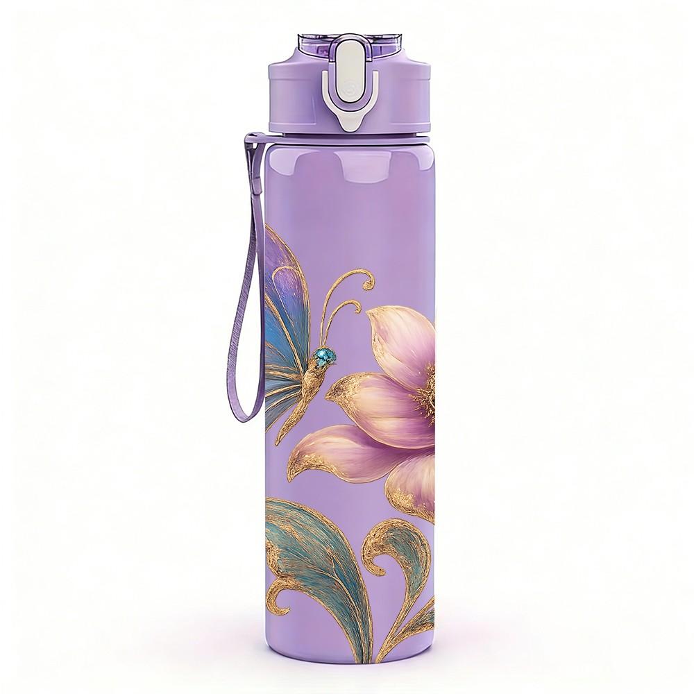 1PC Butterfly On Pink Peony Flower Print 750ml Color Plastic Sports Water Bottle Leakproof Flip Straw Lid Suitable for Sports Office Home Use