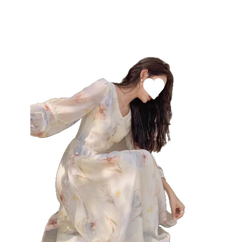 Gentle wind print Tencel dress women's autumn French design sense long sleeve slim dress fairy