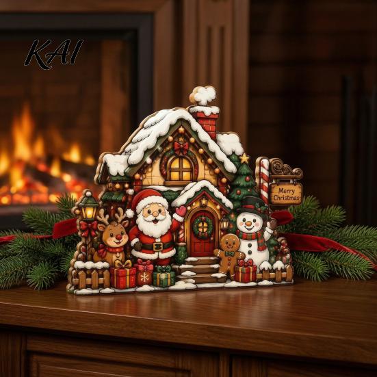 Rustic Winter Home Accents Christmas Wooden House Ornament, Santa Claus/Snowman/Elk Sleds/Winter Cabins Elk Sleigh Tabletop Decor Scene Figurines,