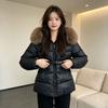 Winter new slim and thin fashion cotton-padded clothes women's short waist hooded fur collar