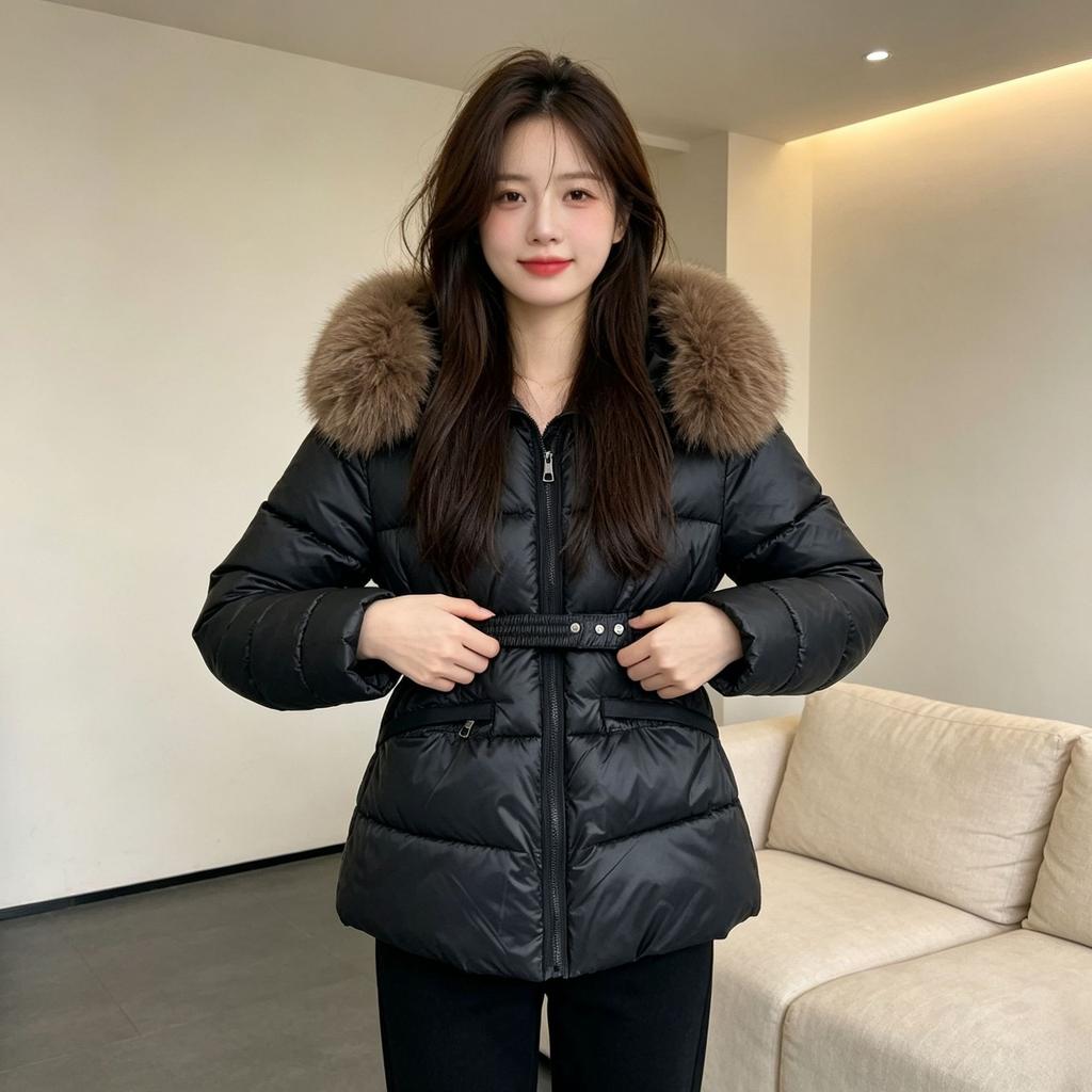 Winter new slim and thin fashion cotton-padded clothes women's short waist hooded fur collar