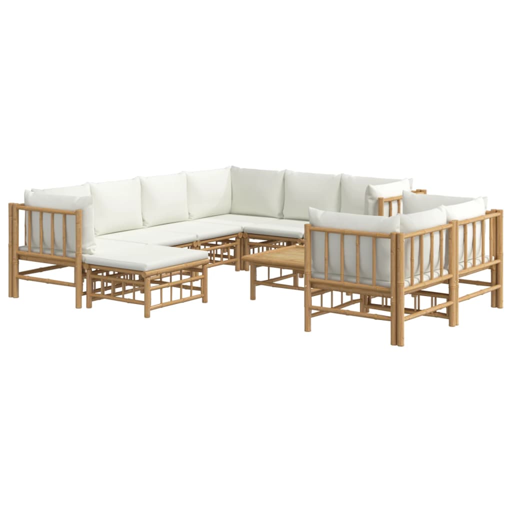 Vidaxl 10-Cz. Garden Furniture Set, Cream Cushions, Bamboo