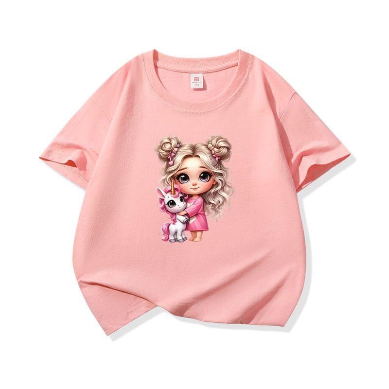 Kids Cotton T Shirt Girl With Pink Unicorn Print Crew Neck Short Sleeve Tee Casual Boys Girls Summer Tops