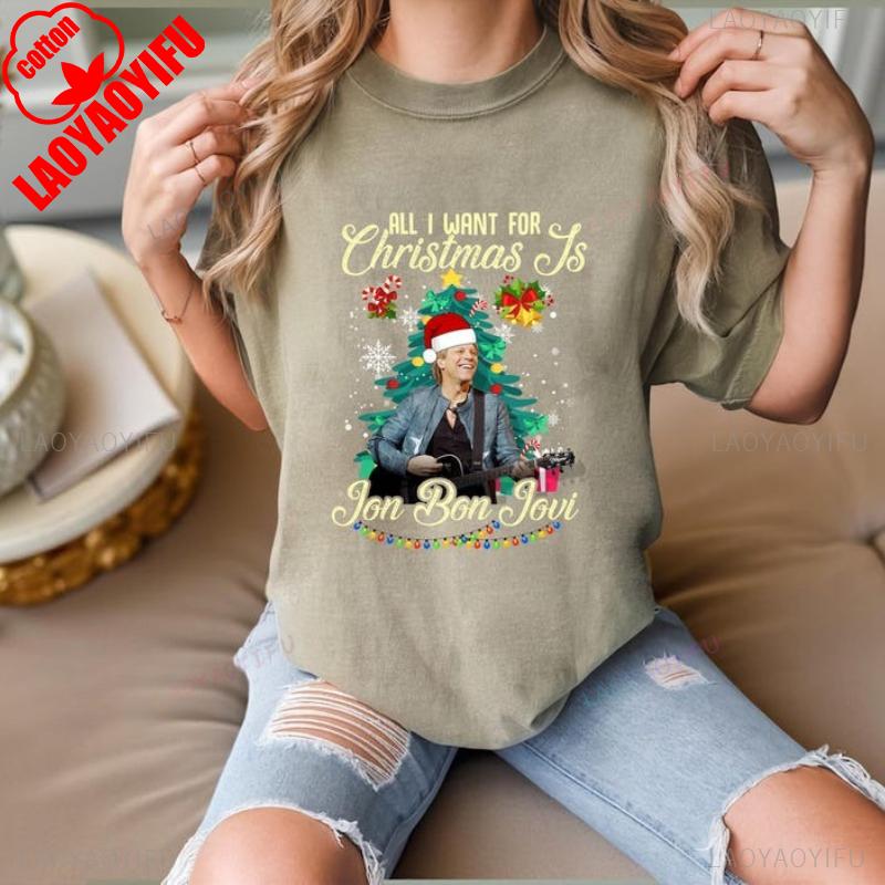 Tutto ciò che voglio per Natale è una Maglietta di Jon Bon Jovi Divertente Maglietta di Natale per Rock Band Regalo per Appassionato di Musica Festiva Top Grafico Unisex