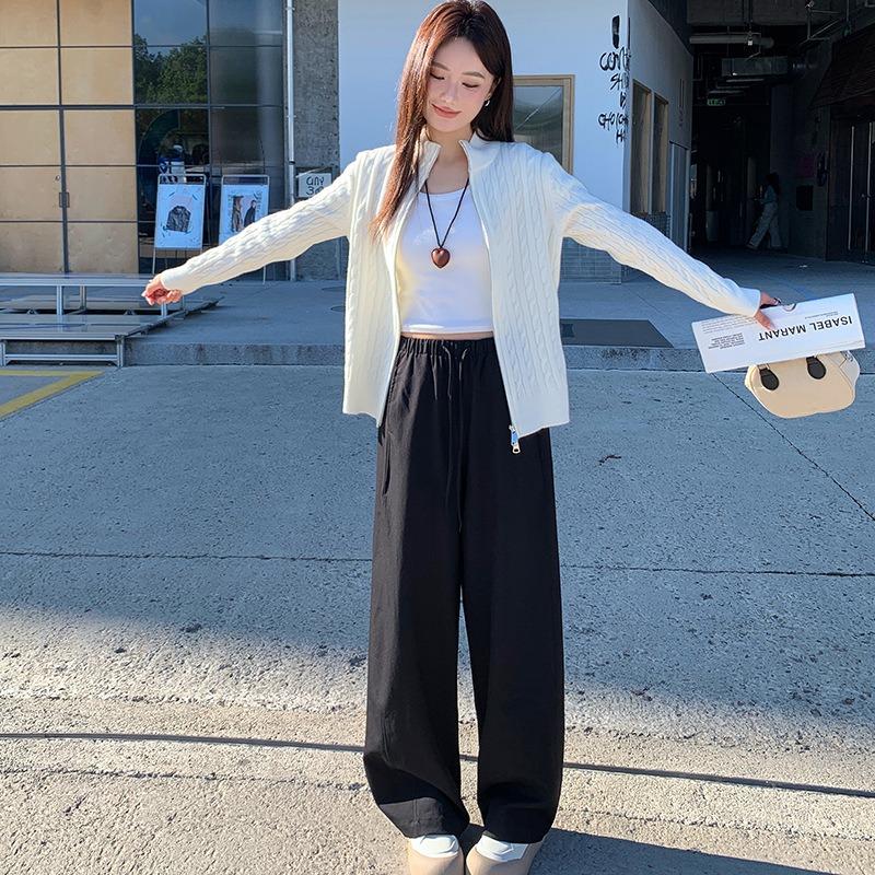 

Ленивые повседневные эластичные брюки-шаровары на кулиске, новые осенне-зимние свободные и универсальные тонкие прямые брюки с высокой посадкой и широкими штанинами S (80-49 kg) чёрный