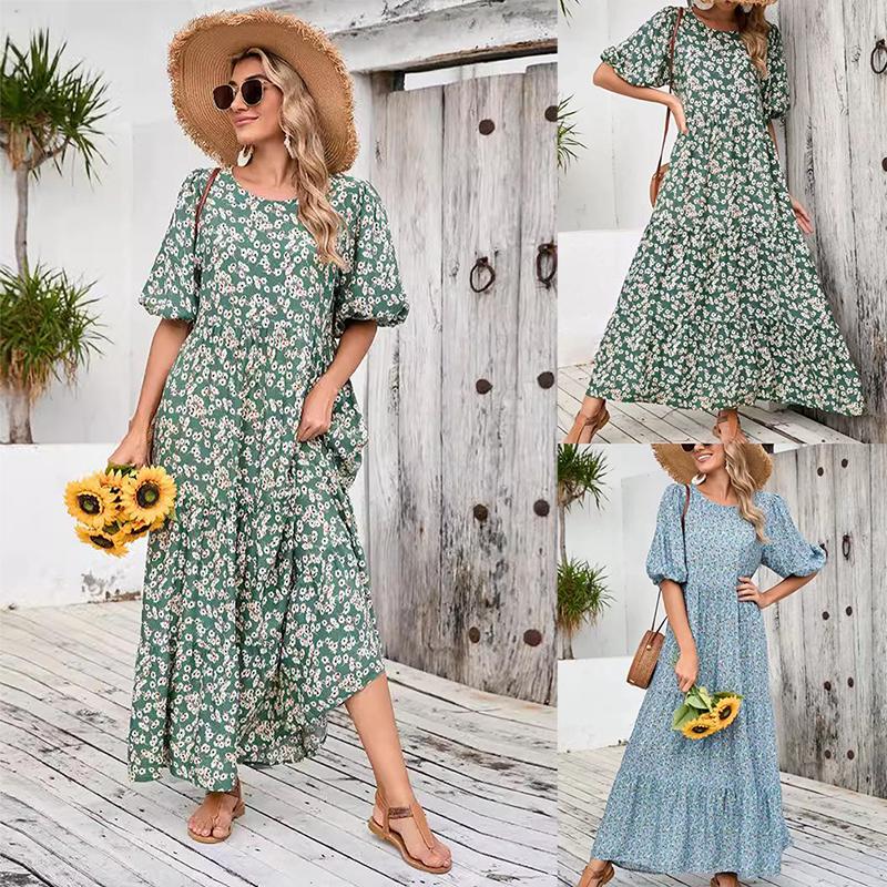 

Women s Summer Maxi Dress O-neck Puff Sleeve Floral Print Long Dress Loose High Waist Ankle-Length Dresses S темно-зелений колір