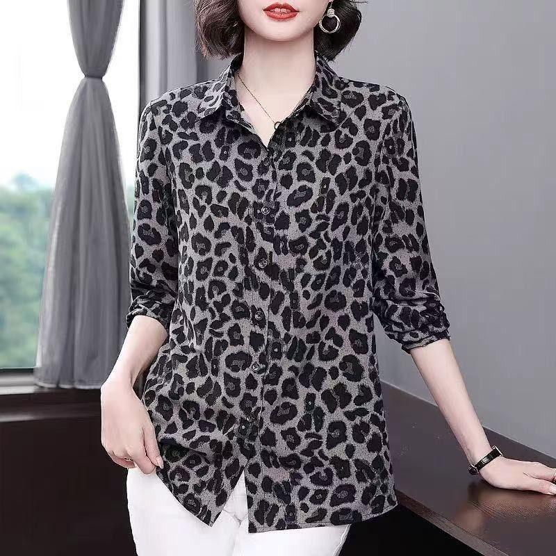 Chiffon Western Style Shirt Women's Large Size Printed Loose Top Slimming Shirt Fashion Leopard Print Small Shirt