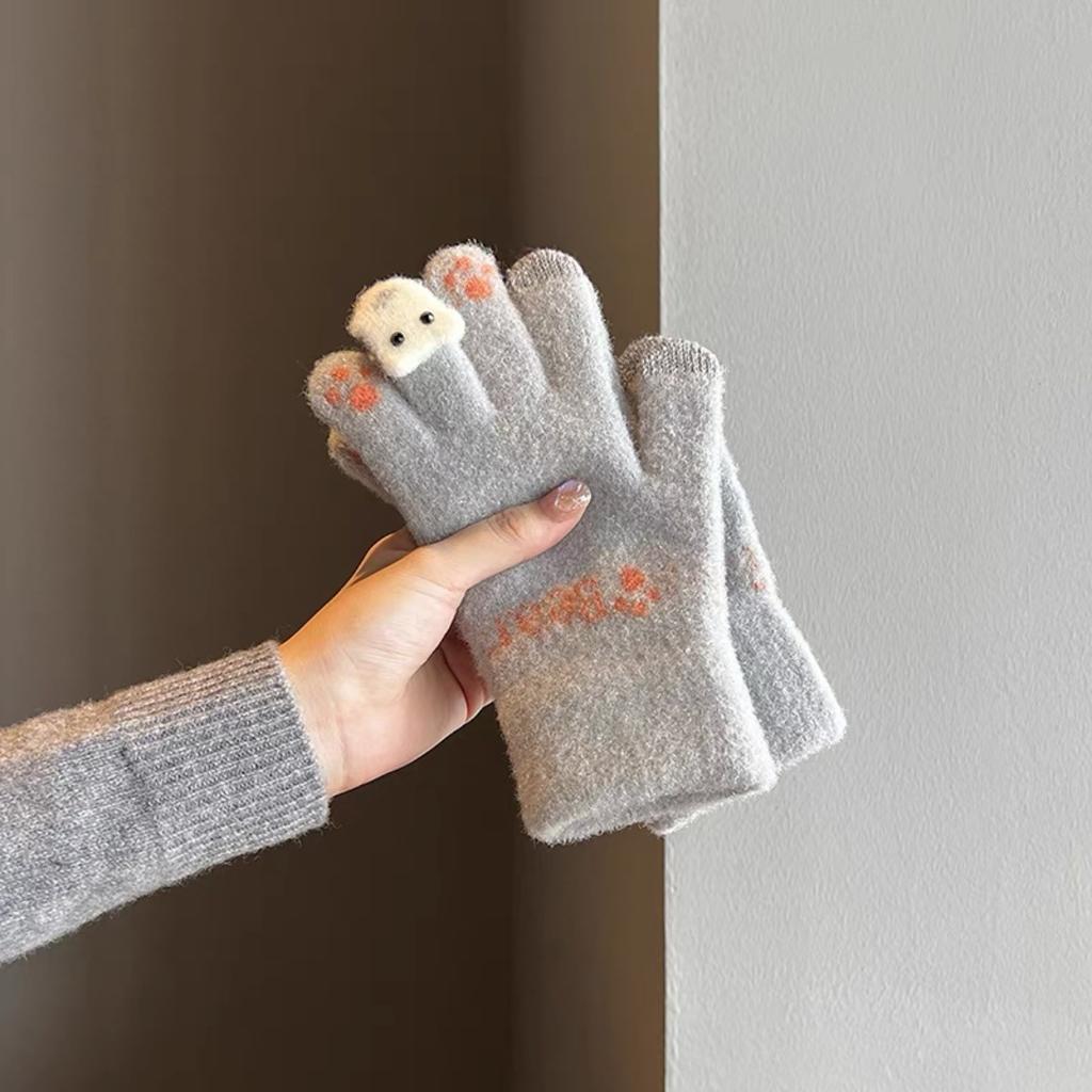 Cute Touch Screen Five Finger Gloves for Women in Winter Warm and Velvet Thickened Student Cycling Winter New Style Cold and Windproof