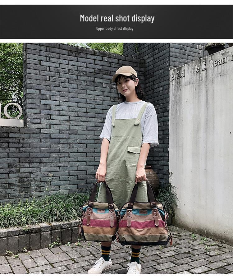 2024 Europeisk & Amerikansk Retro Canvas Regnbågs Patchwork Dam Stor Kapacitet Axelväska