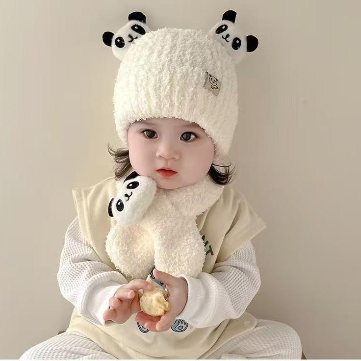 Baby hat scarf two-piece set season boys and girls cute panda plush thickened warm baby pullover hat