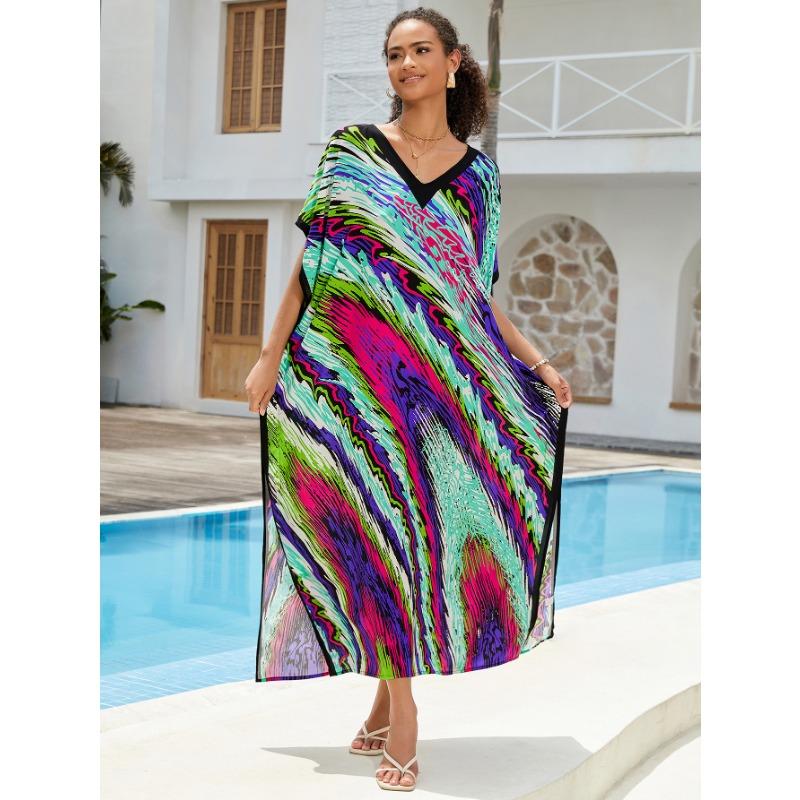 Plus Size Beach Print Dress for Women Bat Sleeve Bikini Suntan Cover Up