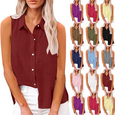 Damska Moda Codzienna - Kolorowy Bezrękawnik Kardigan Kołnierzyk Bawełniano-Lniany Koszula zapinana na guziki T-shirt Top