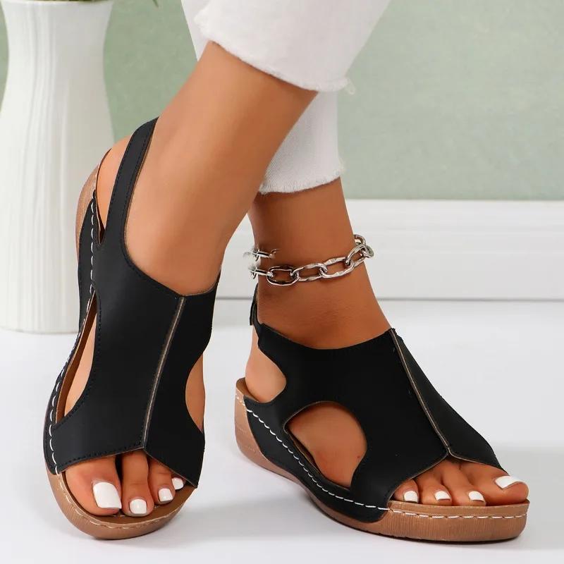 

Мода 2024 года, новые летние босоножки на каблуке с наклоном для женщин, европейские и американские модные удобные повседневные большие женские туфли 37 чёрный