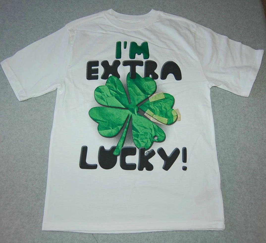 

Boys S/S Tee Shirt WHITE Green Shamrock I M EXTRA LUCKY St. Patrick s Day XS 4-5 140