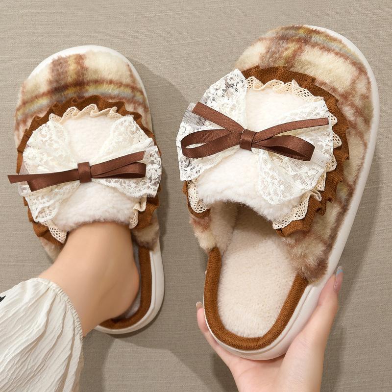 Bow Cotton Slippers Winter Indoor Home Household Plush Warm Cute Thick-bottomed Fluffy Slippers Winter