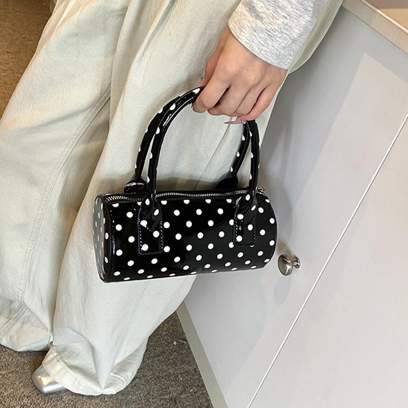 Yogodlns Chic Black & White Polka Dot Stylish Cylinder Crossbody Bag Braided Handle PU Leather Zip Closure Versatile Messenger Bag for Women