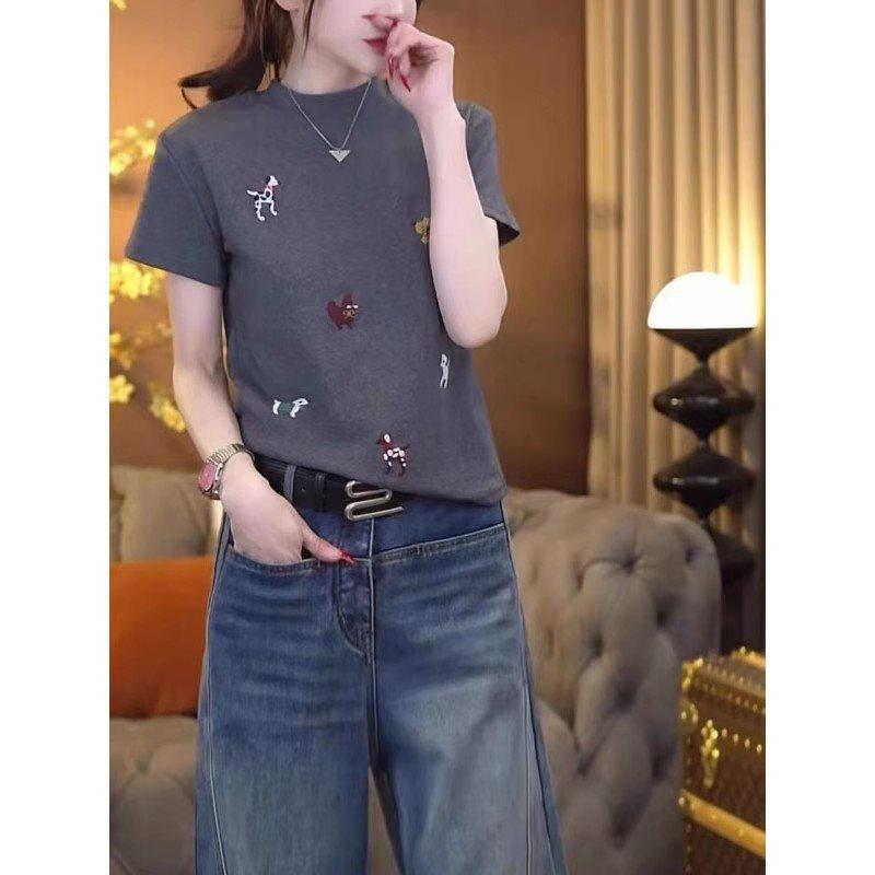 

Women s Plus Size Dog Embroidery Crew Neck T-Shirt - 2025 Summer Fashion