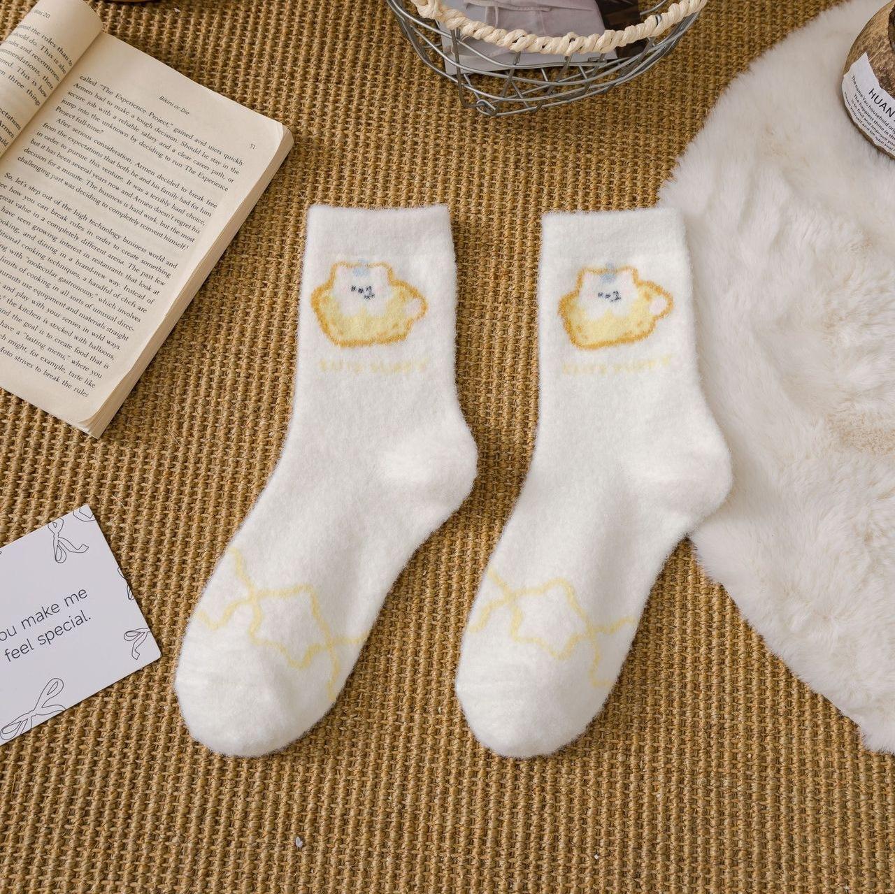 Plush Socks Medium Tube Socks Butter Bear Cartoon Plush Thickened Warm Cute Sleep Socks one size