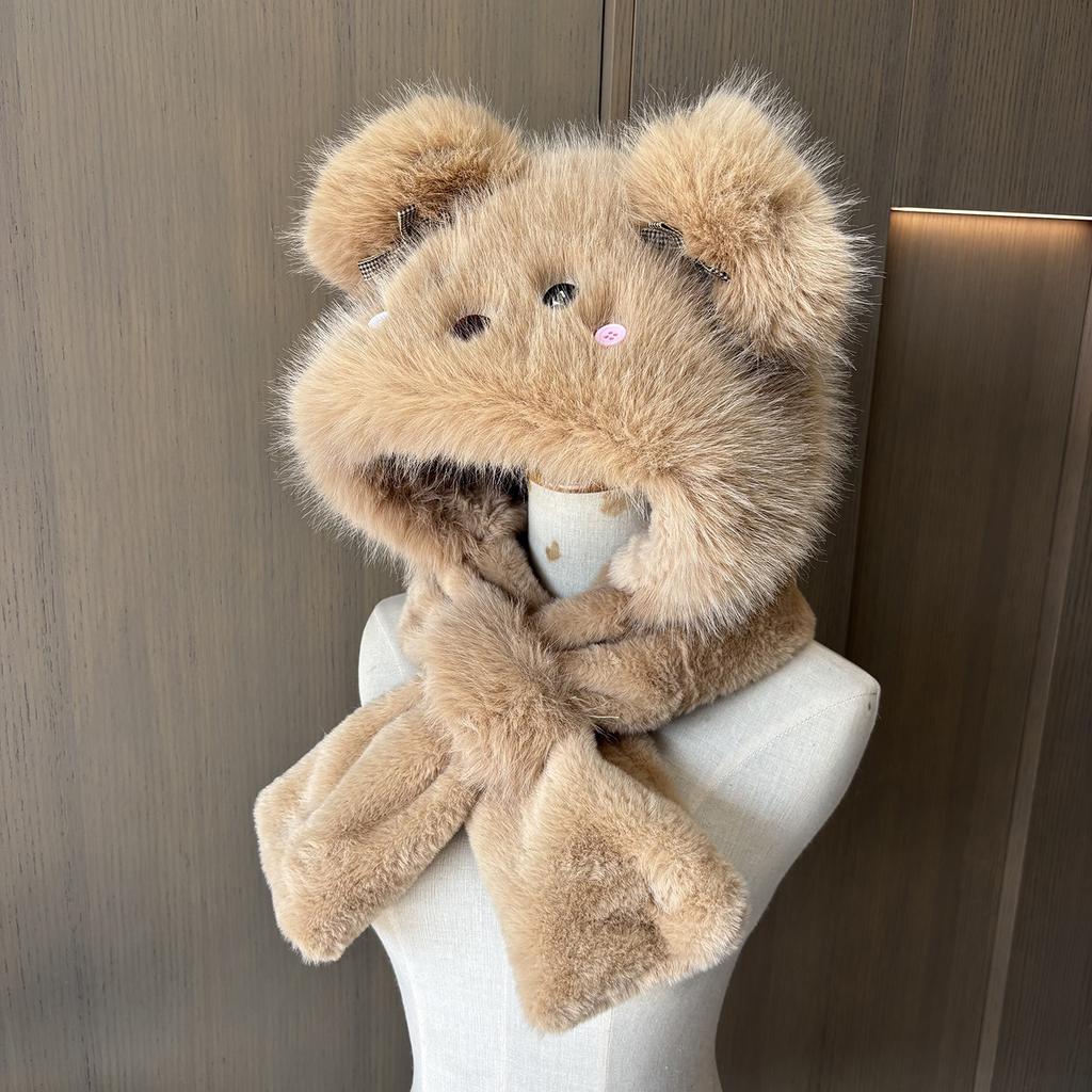 Cute Bear Ears Will Move Plush Hat, Scarf Integrated Women's Winter Thickened Warm and Cold Ear Protection Lei Feng Hat
