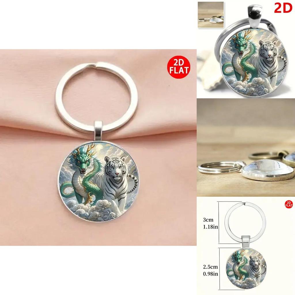 Modern Style Dragon And Tiger Keyring Glass Alloy Pendant For Gift Giving And Decoration