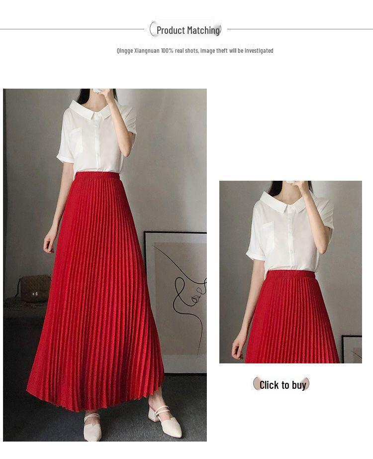 Dámská midi sukně z šifonu s vysokým pasem a plisováním - Červená áčková na léto