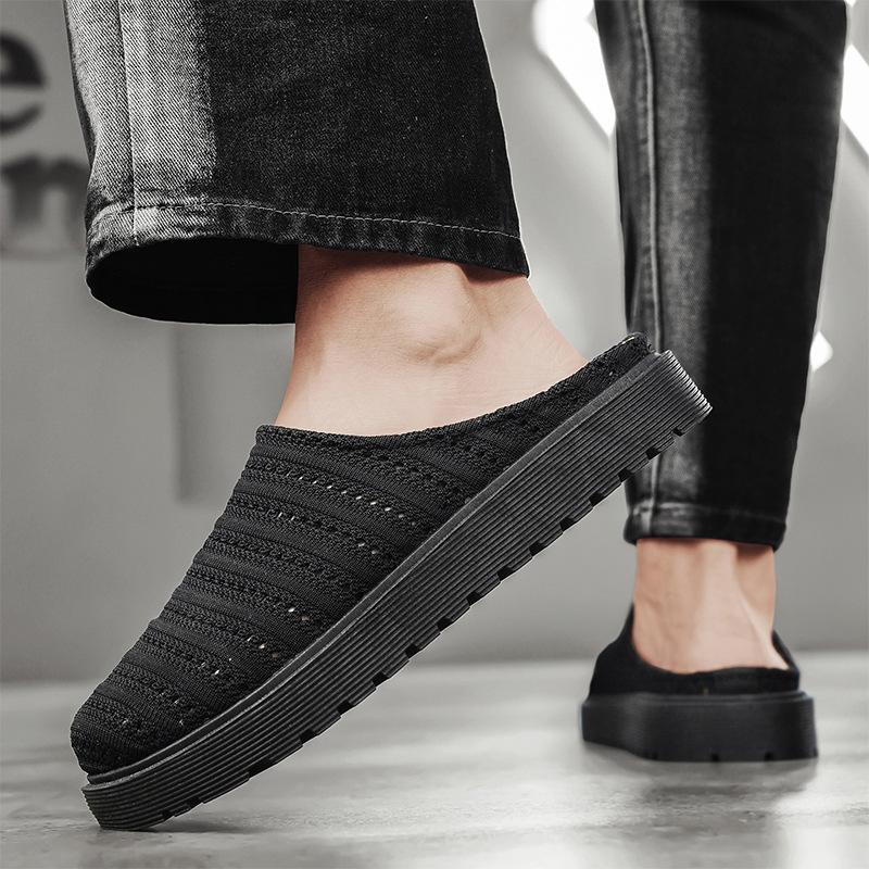 

Korean version of summer new men s shoes soft sole casual and comfortable half-tray shoes mesh surface fly-woven hollow fashion lazy one pedal 39
