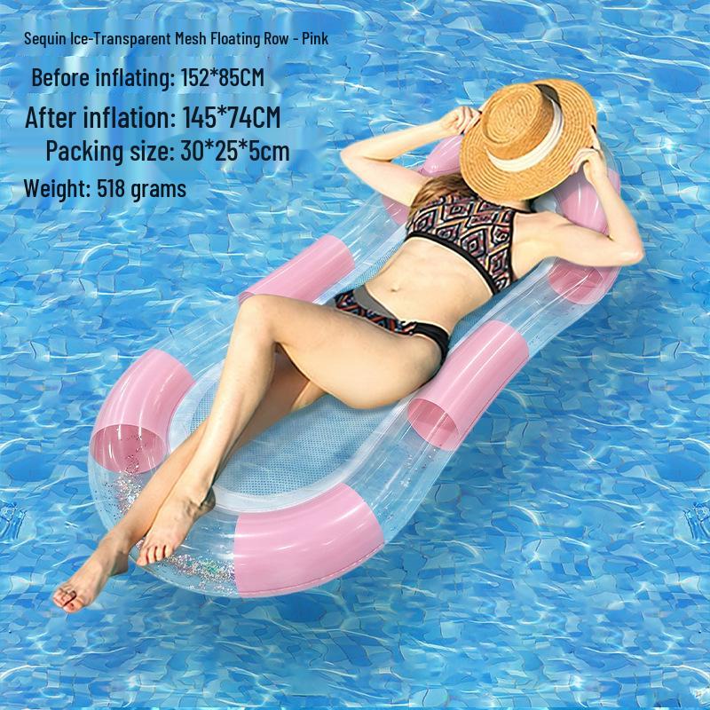 Glitter Stripe Inflatable Pool Float - Single Person with Thickened PVC & Transparent Mesh