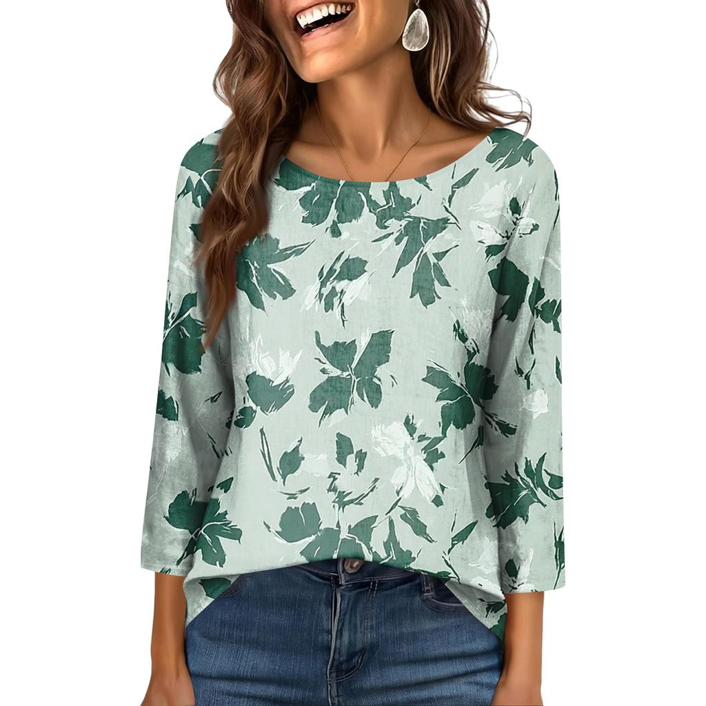 Damtopp med rund hals och 3/4-ärmar, trendig och avslappnad tryck