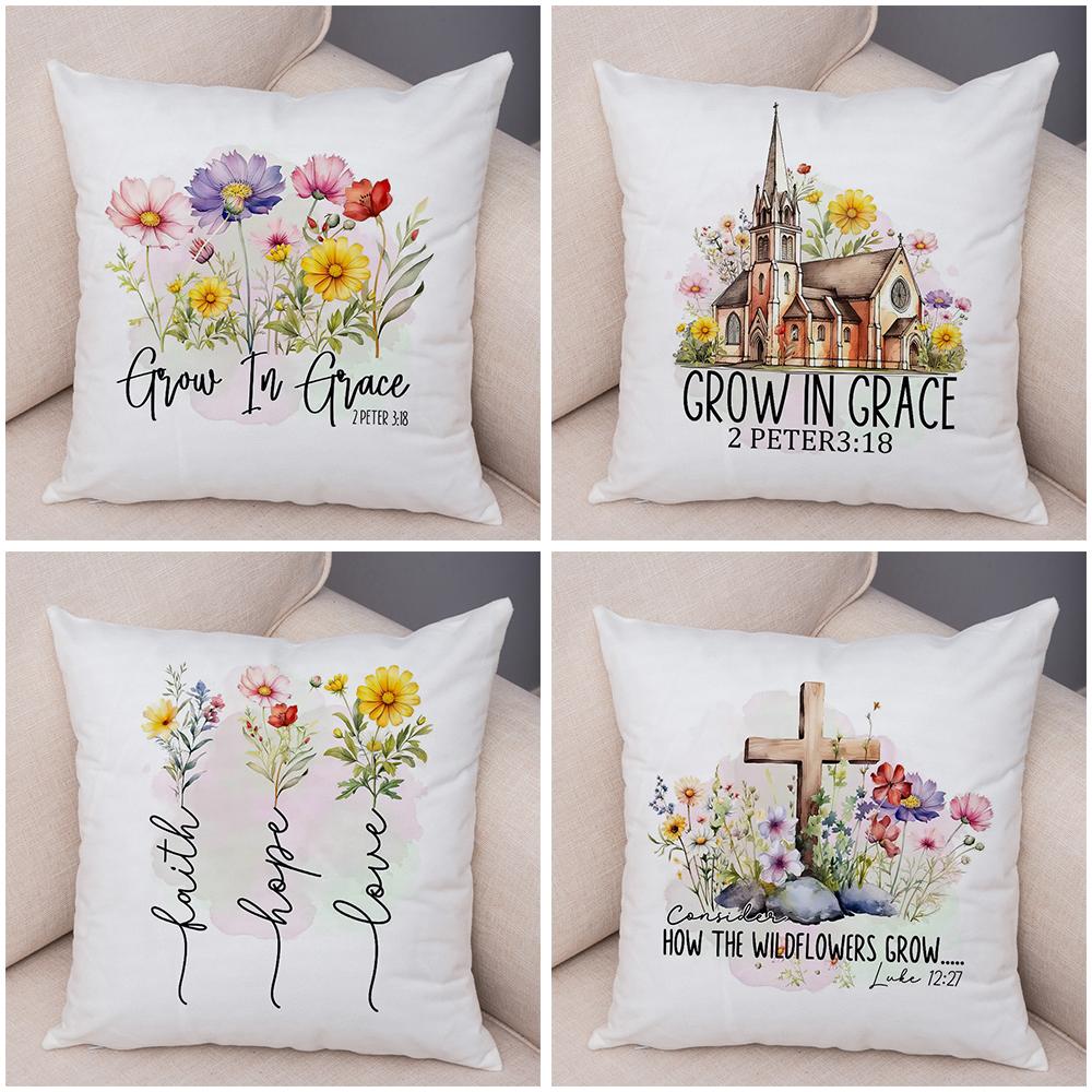 Grow In Grace Flowers Pillowcase Double Print Faith Hope Love Cushion Cover Soft Plush Wildflowers Cross Pillowe Case for Sofa