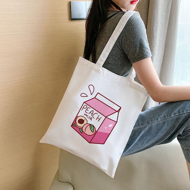 Fashion Women Shopping Bag Peach Milk Strawberry Aesthetic Print Student Book Canvas Bags Reusable Shopper Japanese Kawaii Eco