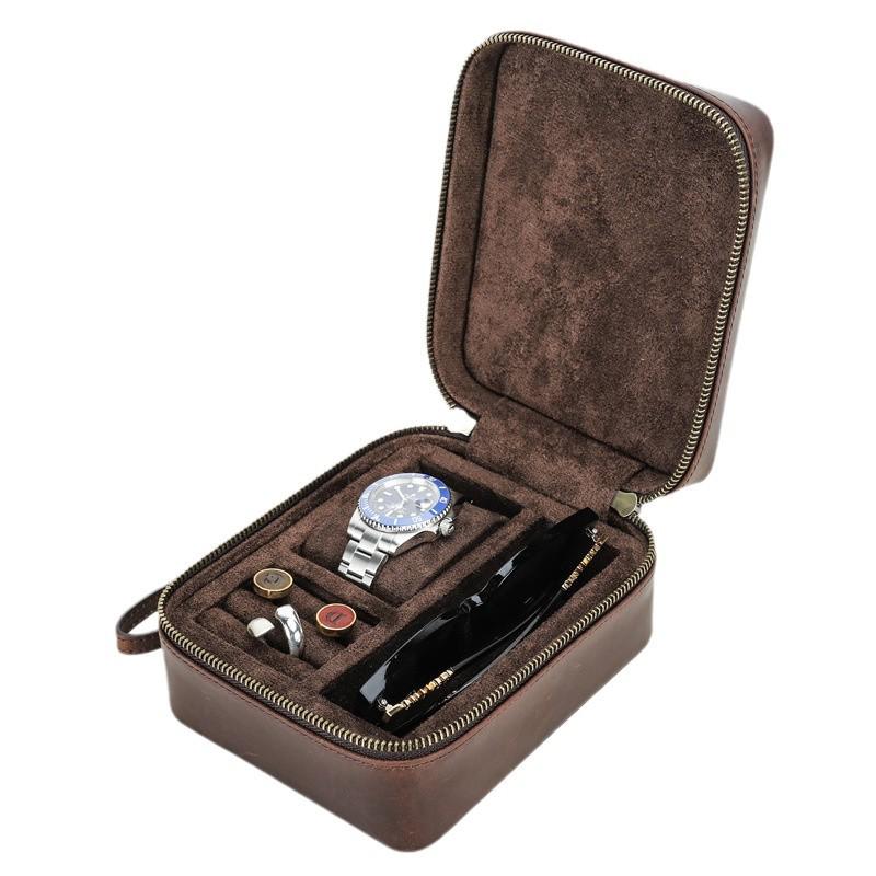 Retro Crazy Horse Genuine Leather Travel Storage Box for Glasses, Watches, and Jewelry - Drop-Proof and Multifunctional