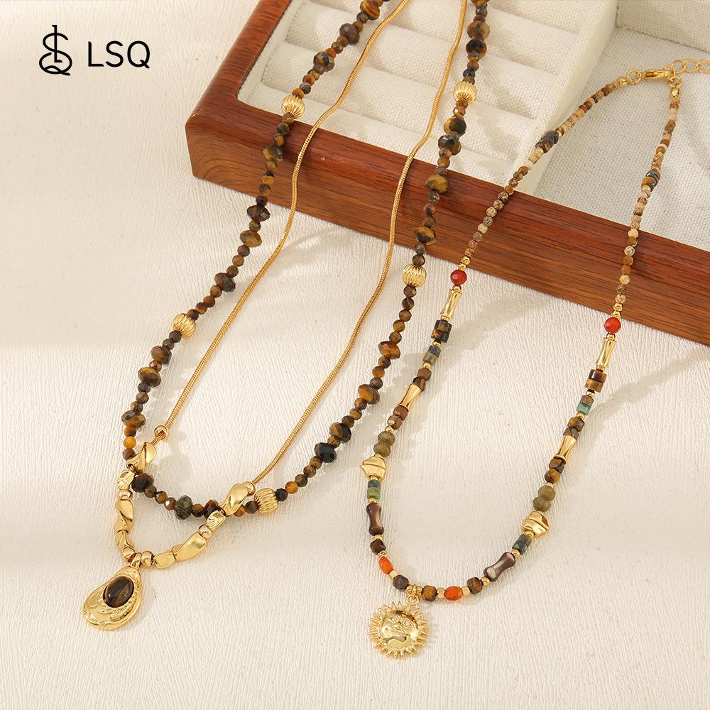 Vintage Maillard Wind Natural Stone Handmade Beaded Necklace Design Sun Pendant Temperament Clavicle Chain