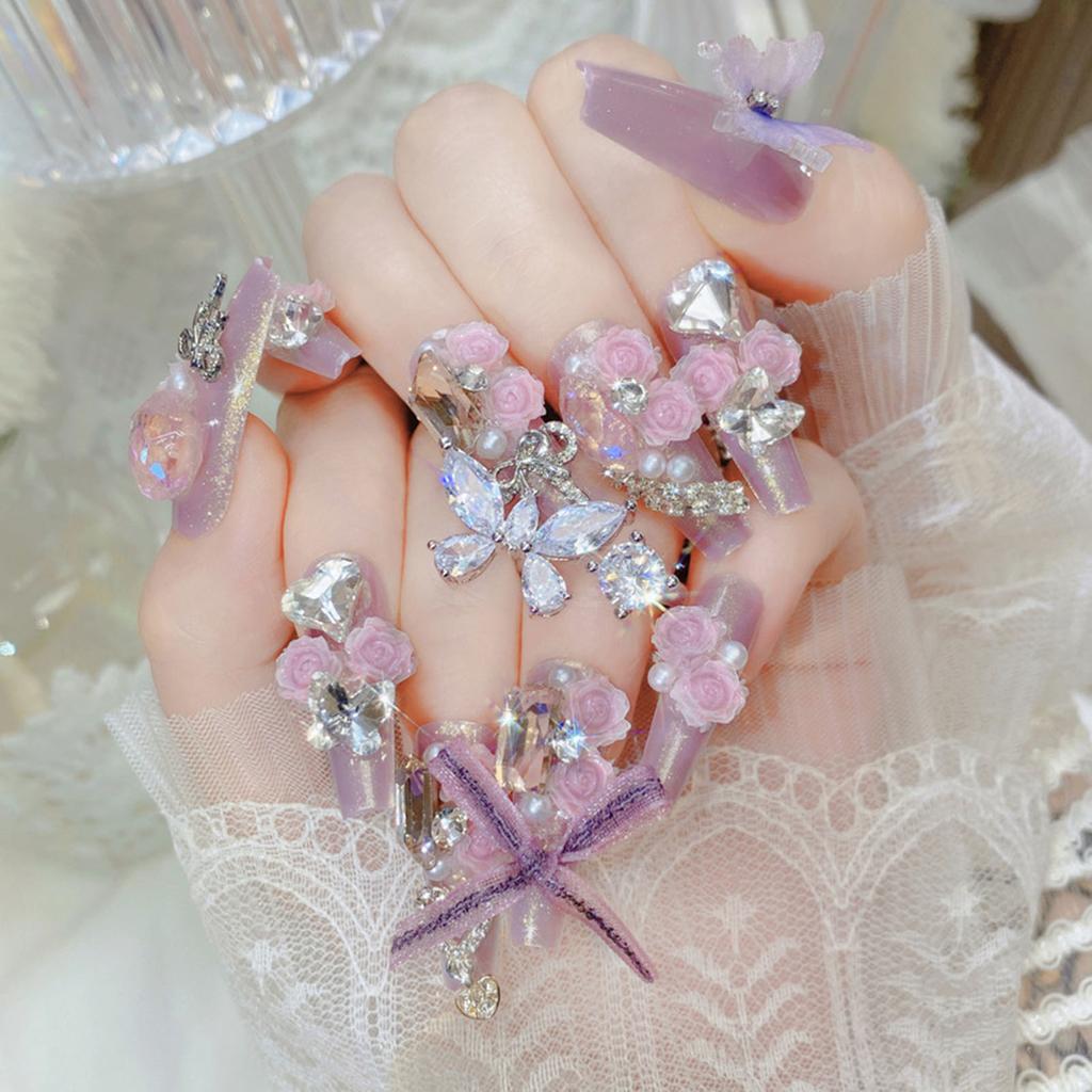 24 Pcs Long Press On Nails With Diamond Pearl Glitter Design Reusable Acrylic Artificial Nail Tips Set