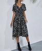 Fashion Women's Casual V-Neck Printed Midi Skirt Elastic Waist Dress