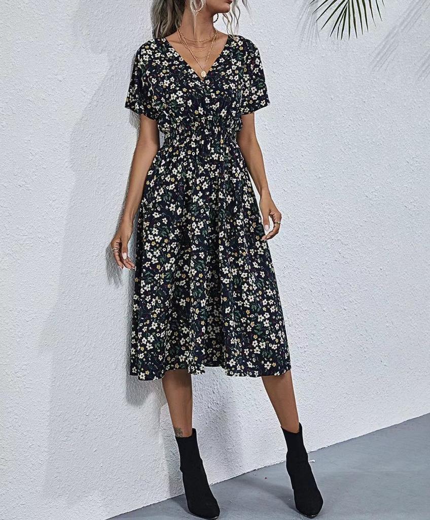 Fashion Women's Casual V-Neck Printed Midi Skirt Elastic Waist Dress