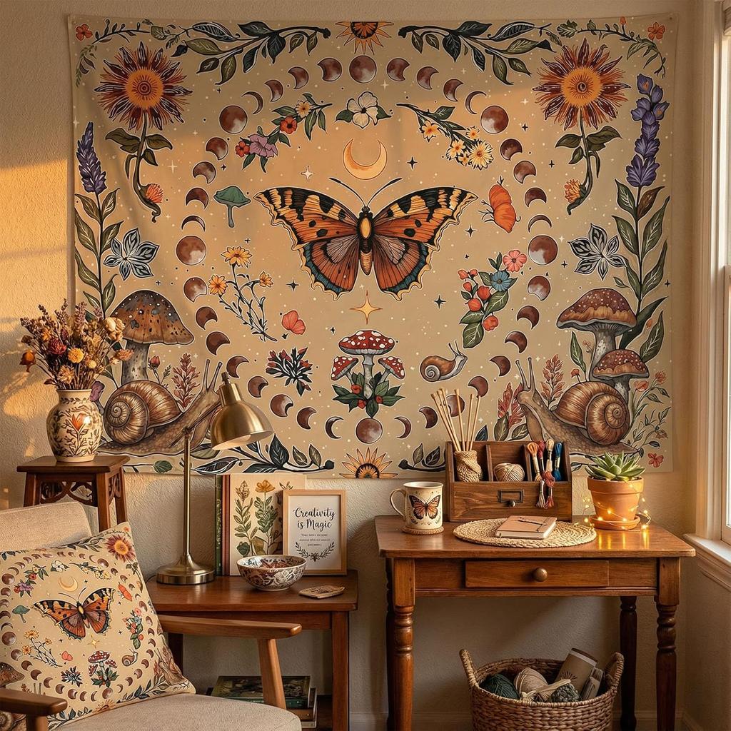 Vintage Butterfly and Moon Phase Wall Tapestry, Aesthetic Mushroom and Botanical Art Tapestries Room Decor,Cottagecore Tapestry