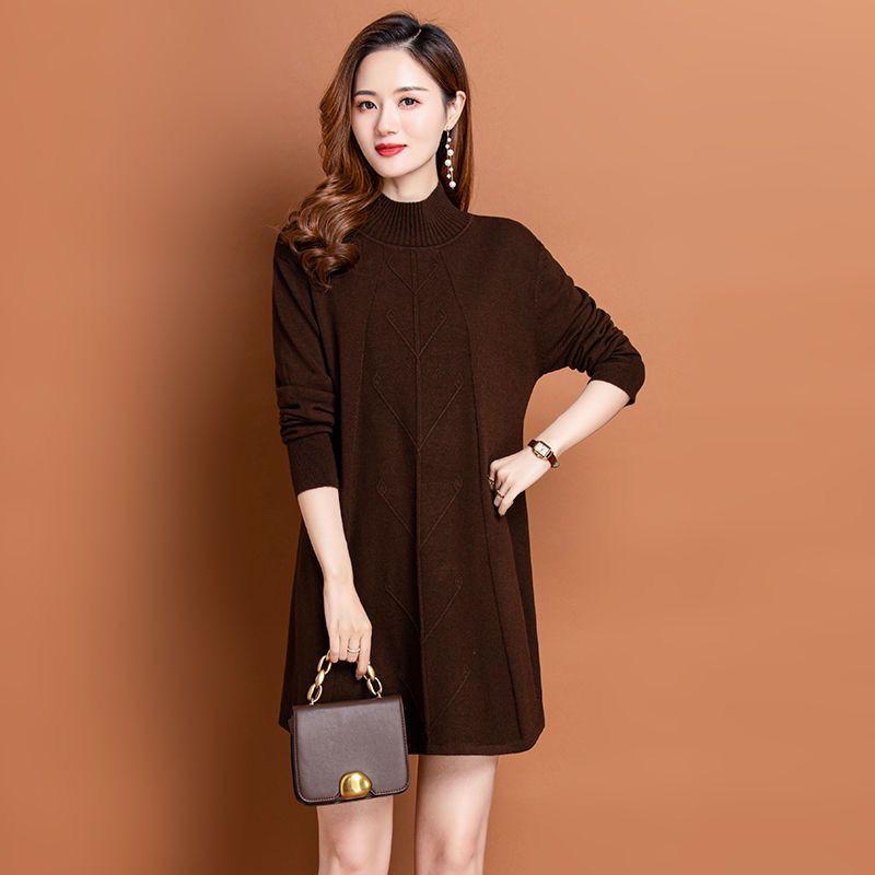Mid-length Pullover Women's Solid-color Casual Knitted Sweater Dress Autumn and Winter Loose Large-sized Knitted Sweater
