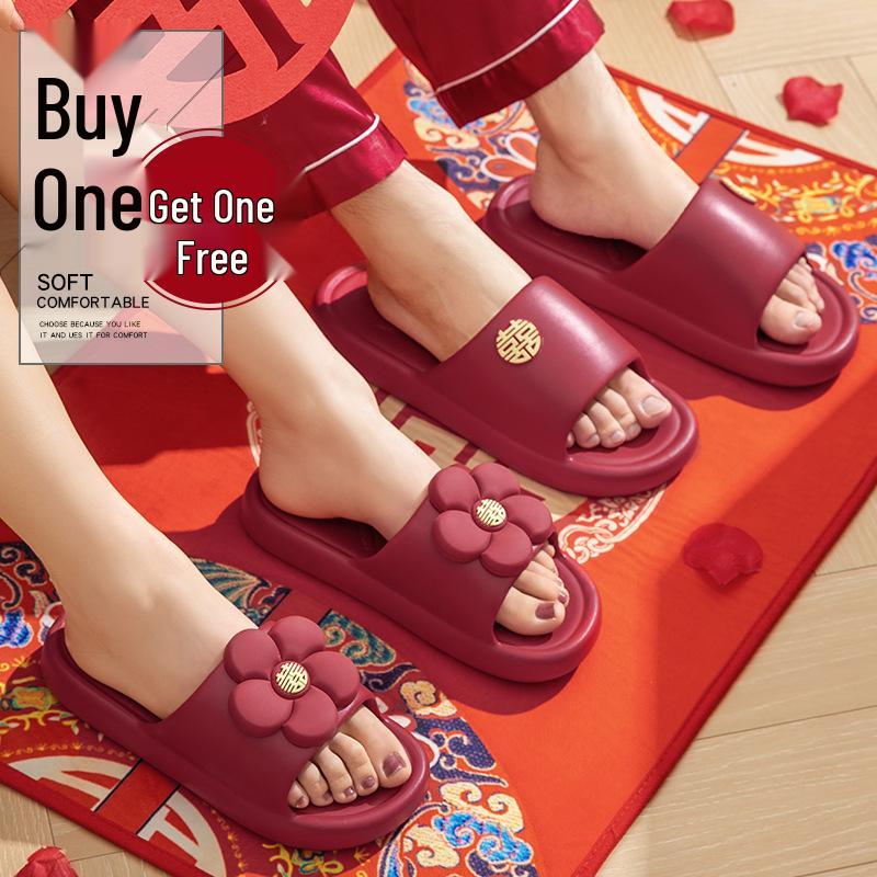 Šťastné červené protiskluzové koupelnové pantofle pro páry - Měkká, silná podrážka pro letní svatby
