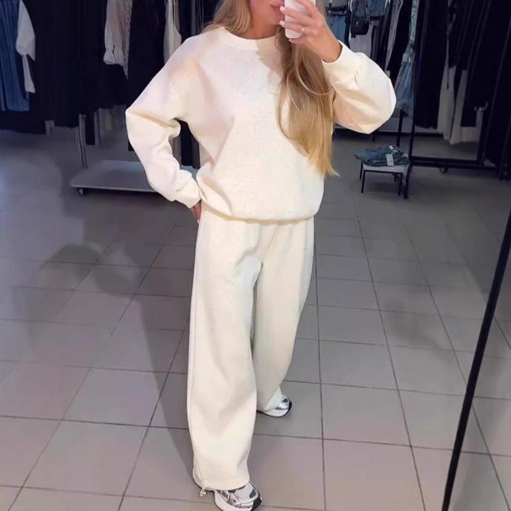 2024 Evropský a americký podzim/zima Dámský ležérní set s kulatým výstřihem, dlouhým rukávem, horkovrtanou šňůrkou a manžetami u kotníků