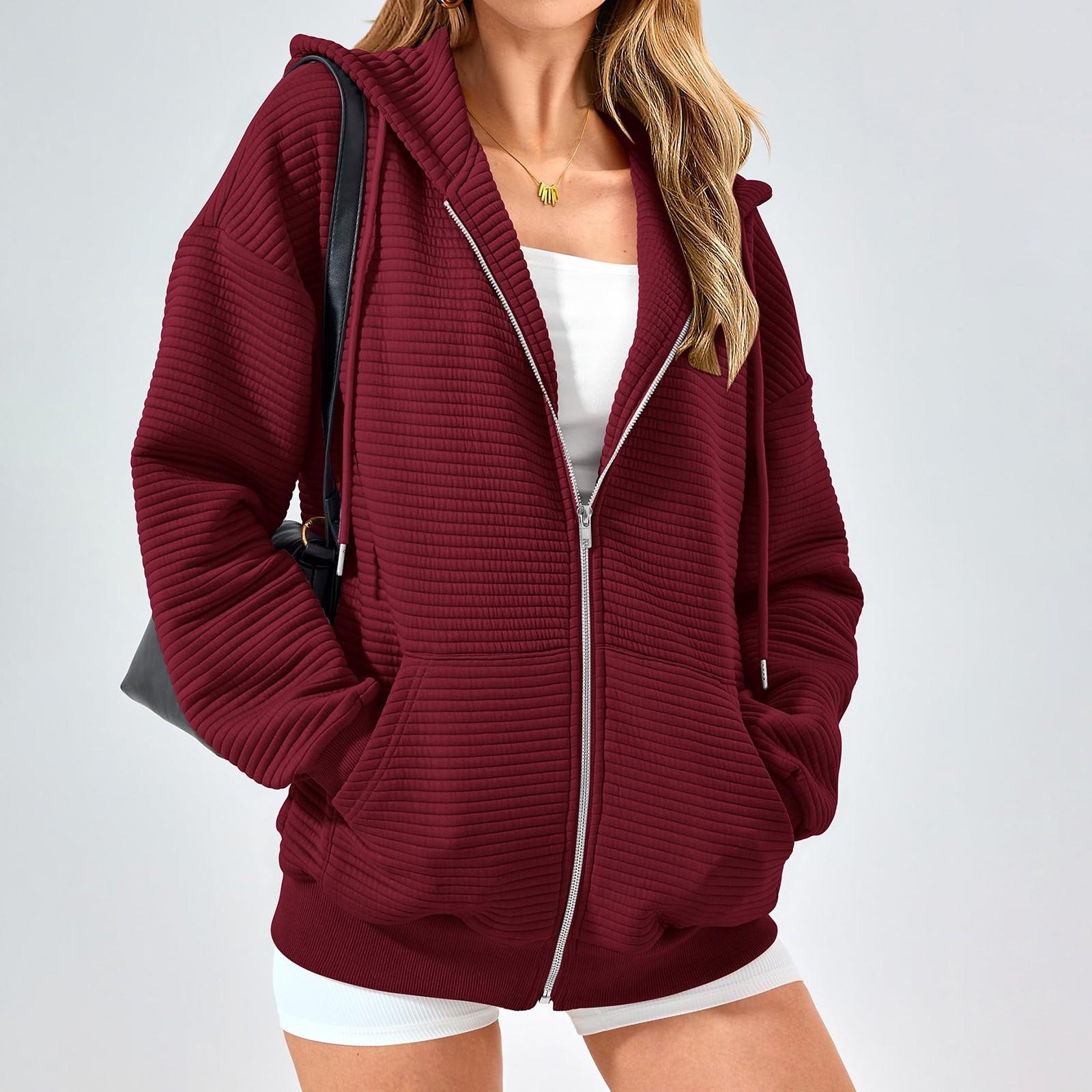 

Женская толстовка на молнии с длинным рукавом, толстовки с капюшоном и карманами, куртка, пальто для женщин XS винный