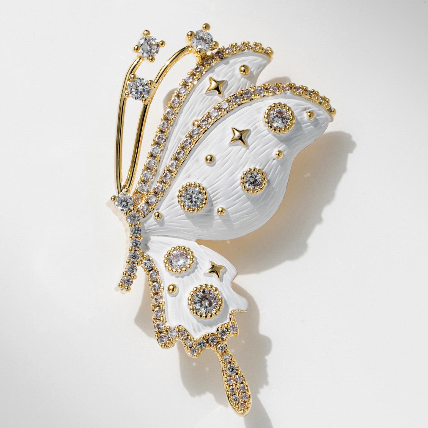 Bo Xin Yun Cubic Zirconia White Butterfly Brooch: High-Grade Enamel Clothing Accessory - Insect Pin.
