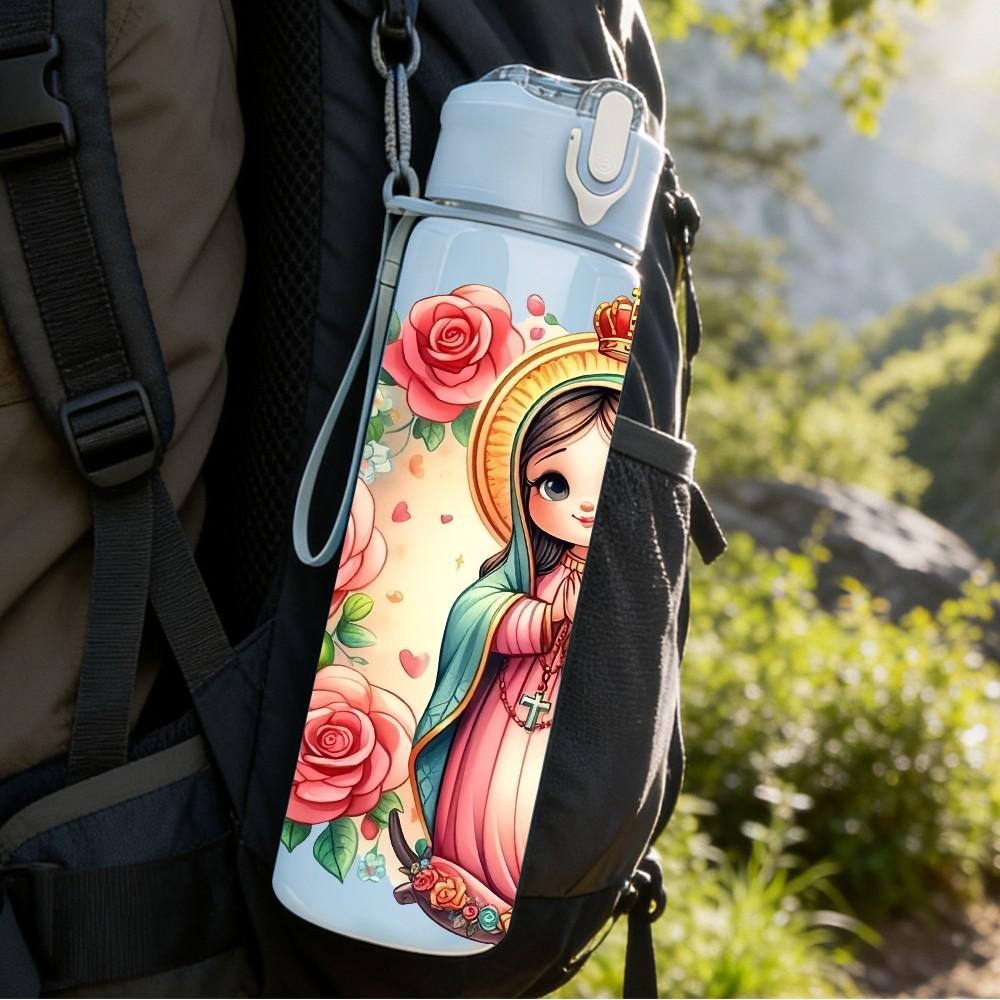 1PC Girl With Rose Wreath Portrait 750ml Color Plastic Sports Water Bottle Leakproof Flip Straw Lid Suitable for Sports Office Home Use
